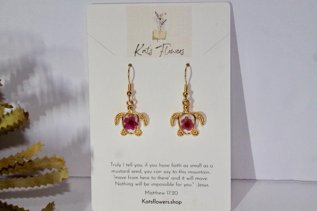 Gold Sea Turtles with Pink Pressed Flower