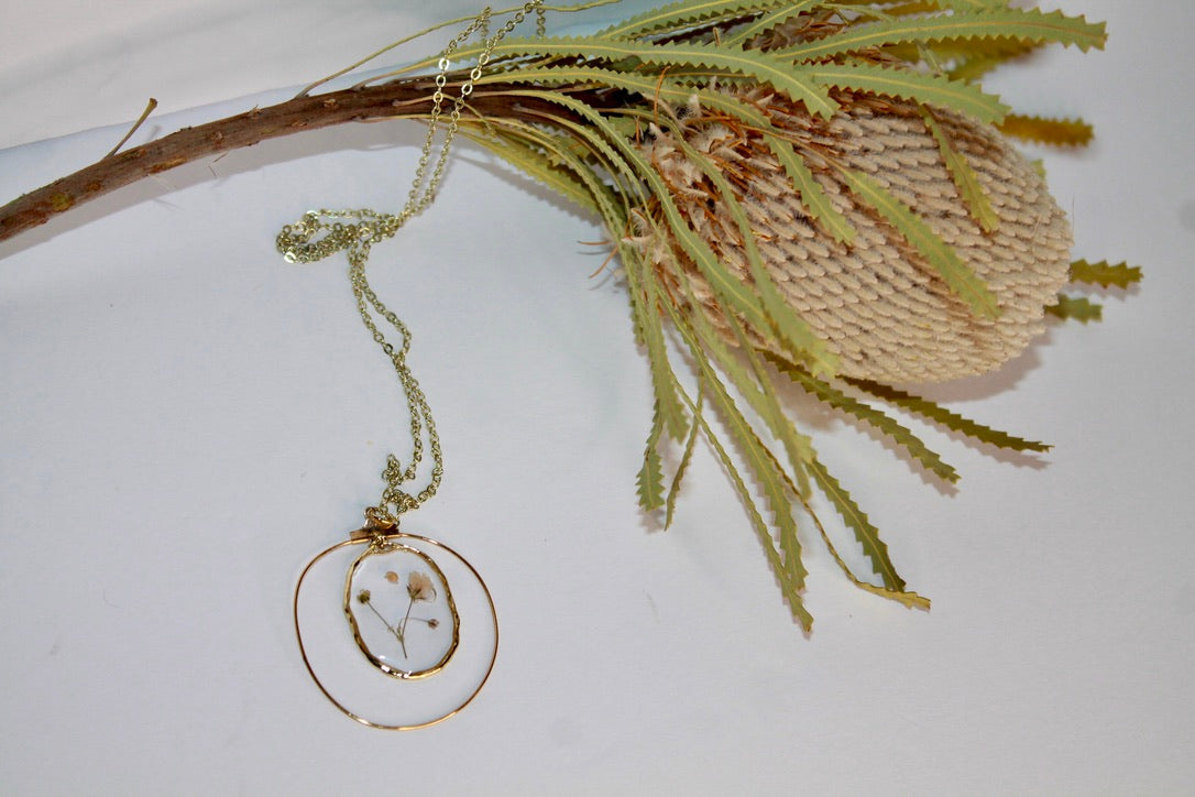 Necklace - Pressed Babys Breath Flower - 30in Chain