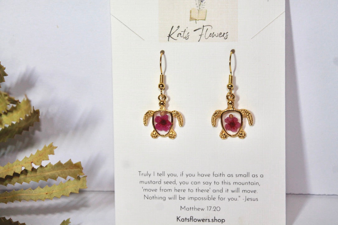 Gold Sea Turtles with Pink Pressed Flower