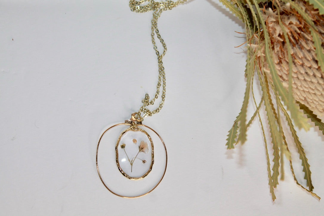 Necklace - Pressed Babys Breath Flower - 30in Chain