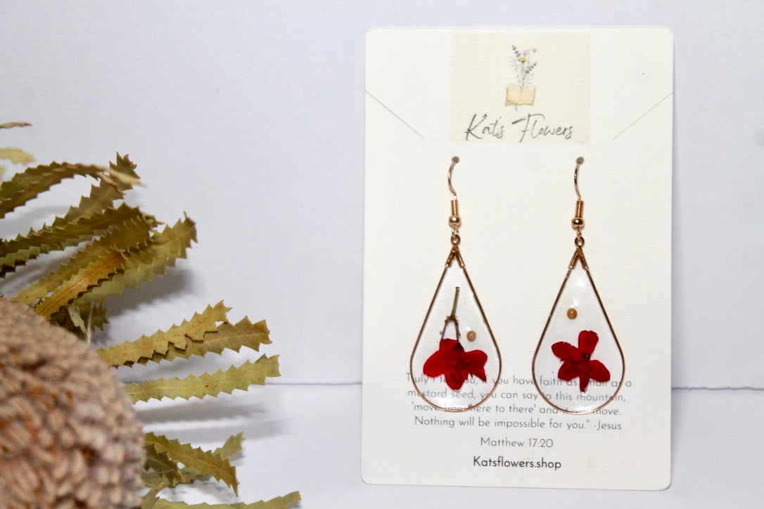 Gold Earrings with Red Pressed Flowers