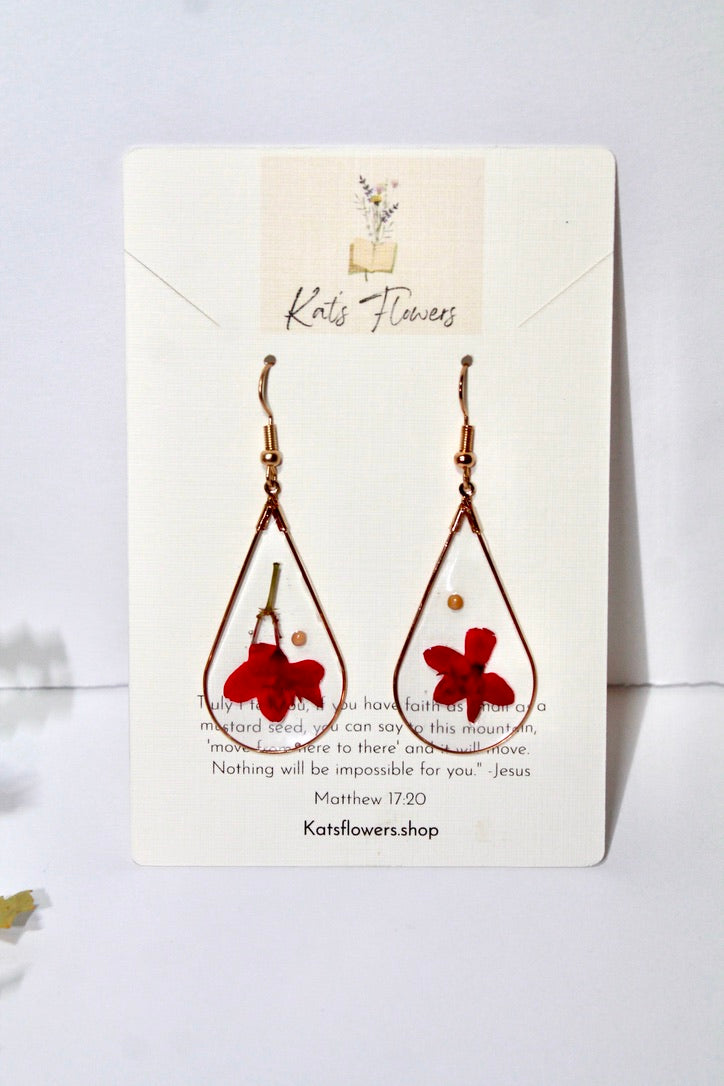 Gold Earrings with Red Pressed Flowers