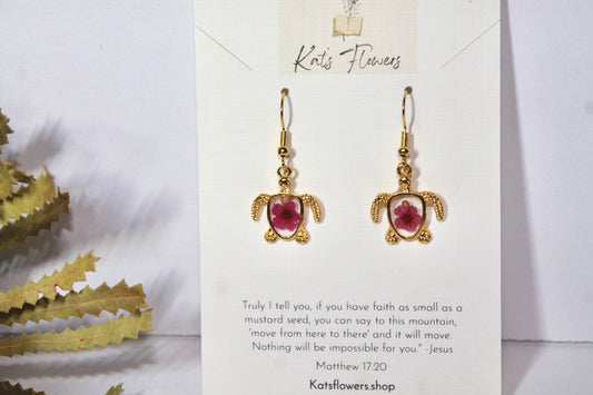 Gold Sea Turtles with Pink Pressed Flower