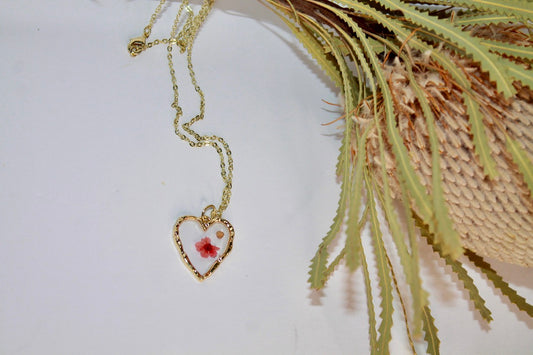 Heart Necklace - Pink Flower - Medium chain