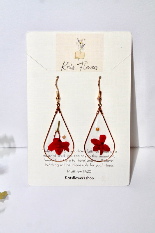 Gold Earrings with Red Pressed Flowers